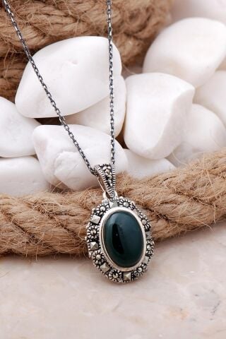 Yeşim ve Markazit Taşlı Gümüş Kolye 7532