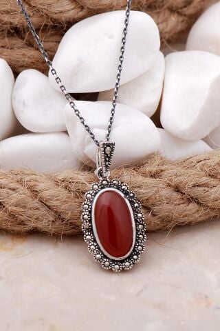 Akik ve Markazit Taşlı Gümüş Kolye 7533