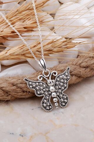 Kelebek Telkari Elişi Gümüş Kolye 7691