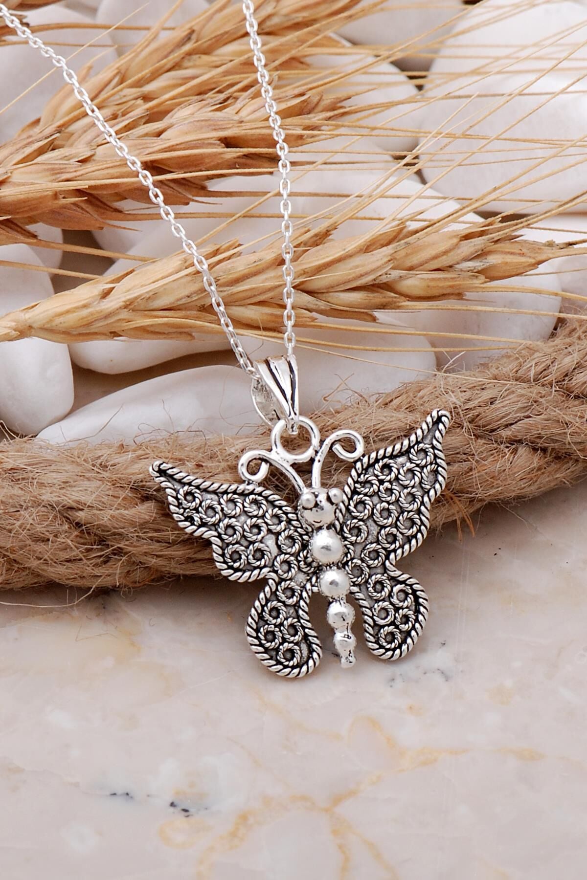 Kelebek Telkari Elişi Gümüş Kolye 7693