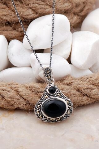 Oniks ve Markazit Taşlı Gümüş Kolye 7535