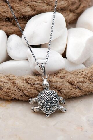 Kaplumbağa Markazit Taşlı Gümüş Kolye 7539