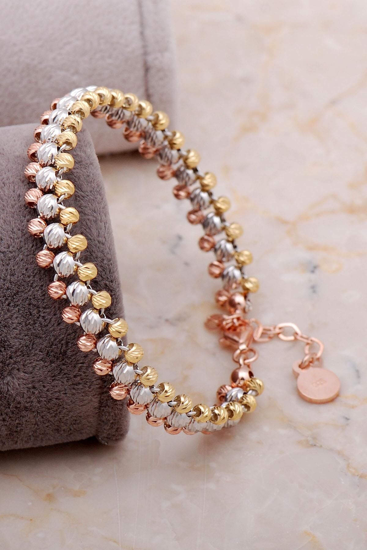 Dorissa Altın Yaldızlı Rose Gümüş Örgü Bilezik 3355