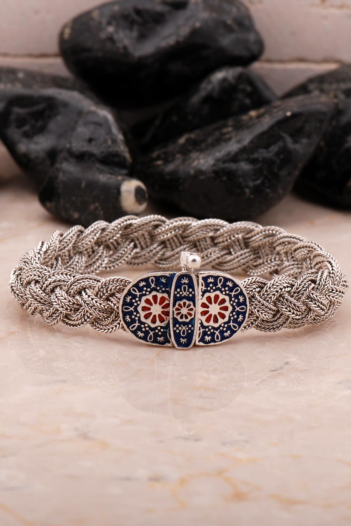 Midyat Hasır Telkari Örme Mineli Oksitli Gümüş Bileklik 4539