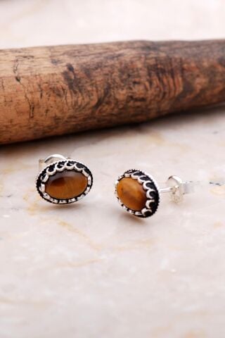 Kaplan Gözü Kahverengi Taşlı Elişi Gümüş Küpe 6047