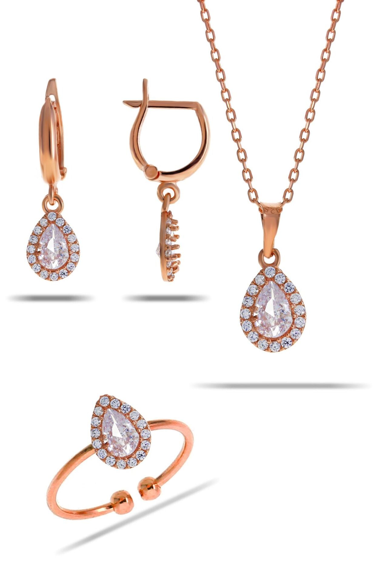 Kuvars Taşlı Damla Mini Rose Gümüş Set 2301