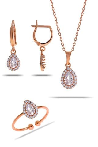 Kuvars Taşlı Damla Mini Rose Gümüş Set 2301
