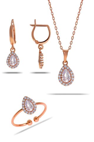 Kuvars Taşlı Damla Mini Rose Gümüş Set 2301