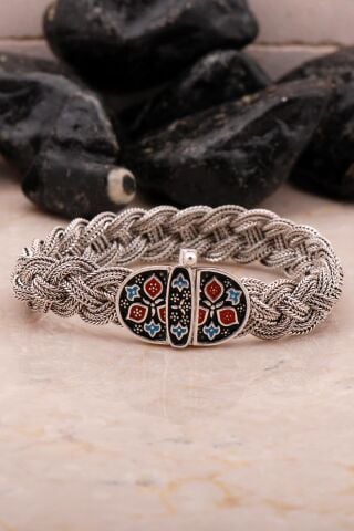 Midyat Hasır Örme Mineli Oksitli 925 Ayar Gümüş Bileklik 4541