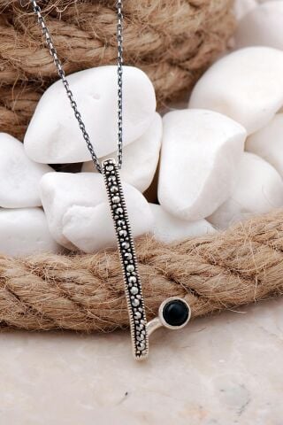 Oniks ve Markazit Taşlı Yılan Model Gümüş Kolye 7542