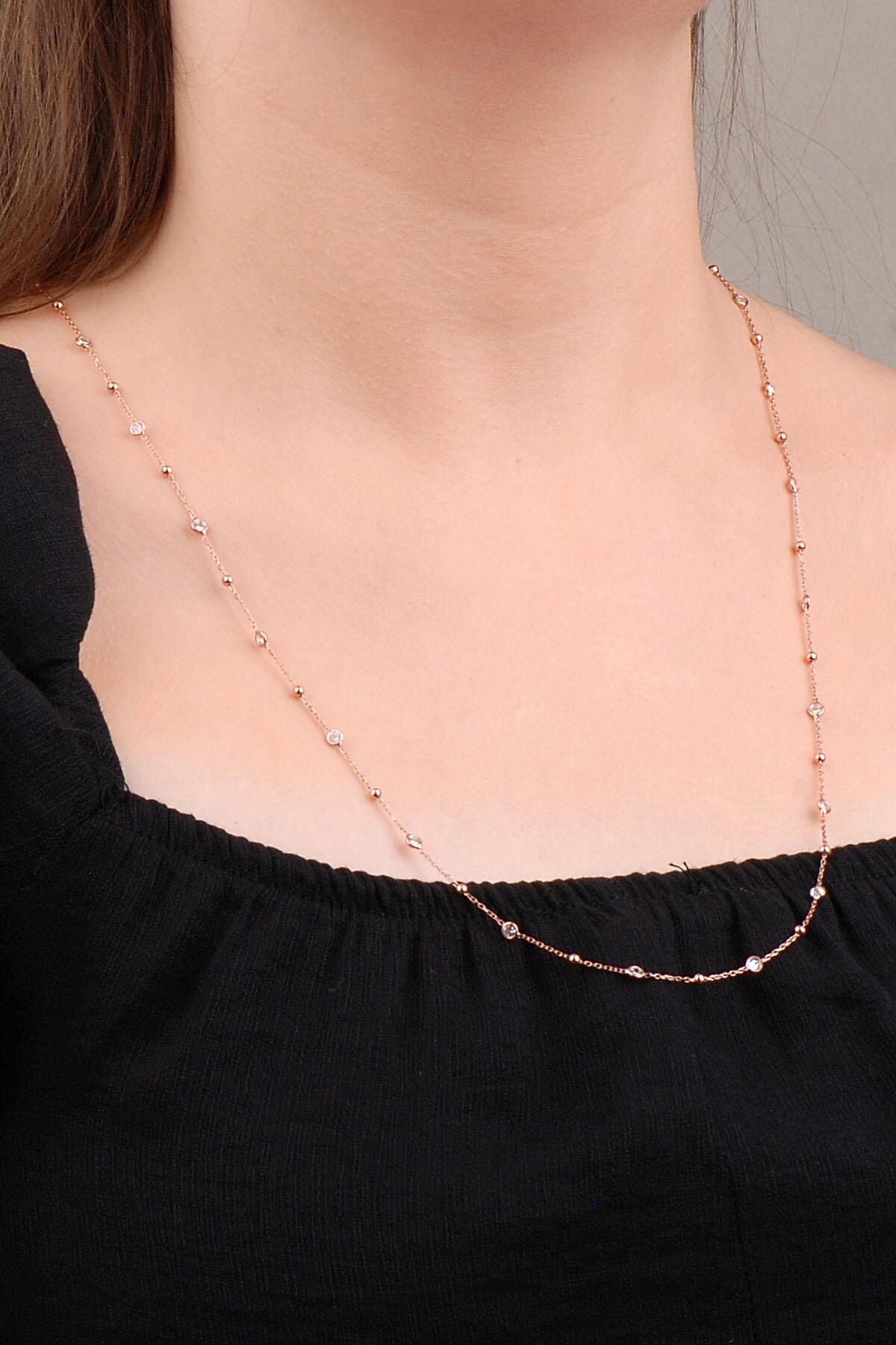 Rose Gümüş Toplu Sıra Taşlı 75 Cm Kolye 6625