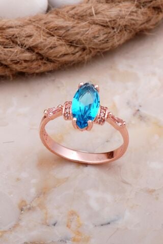 Akuamarin Taşlı Mekik Rose Gümüş Yüzük 3702