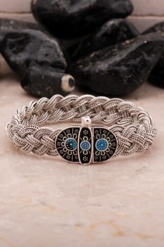 Mardin Güneşi Hasır Örme Mineli Oksitli 925 Ayar Gümüş Bileklik 4542