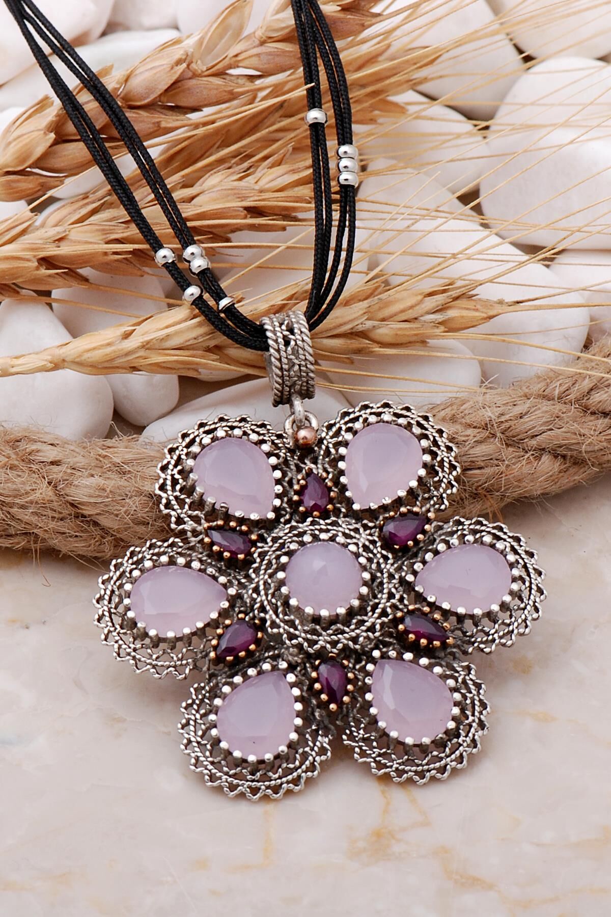 Pembe Kuvars Taşlı Çiçekli Telkari Elişi Gümüş Kolye 7702