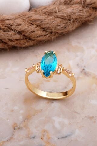 Akuamarin Taşlı Mekik Altın Yaldızlı Gümüş Yüzük 3703