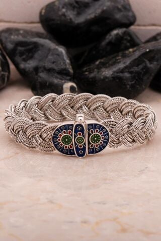 Mardin Güneşi Hasır Örme Mineli Oksitli 925 Ayar Gümüş Bileklik 4543