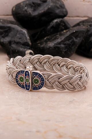 Mardin Güneşi Hasır Örme Mineli Oksitli 925 Ayar Gümüş Bileklik 4543