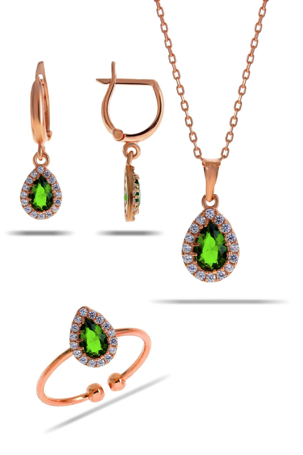 Yeşim Taşlı Damla Mini Rose Gümüş Set 2302