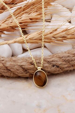 Kaplan Gözü Taşlı Altın Yaldızlı Gümüş Kolye 7704