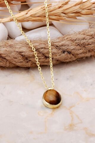 Kaplan Gözü Taşlı Altın Yaldızlı Gümüş Kolye 7704