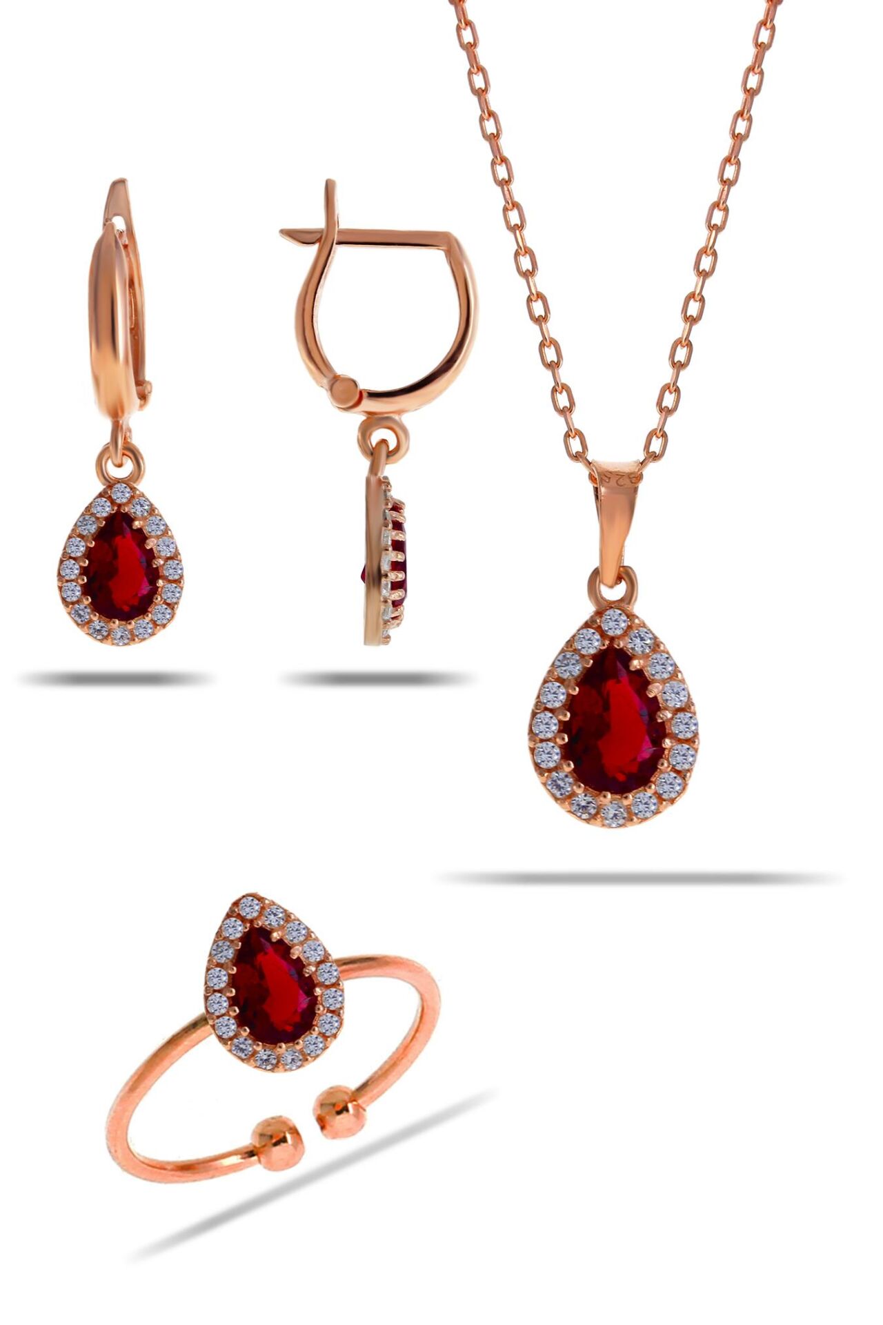 Lal Taşlı Damla Mini Rose Gümüş Set 2303