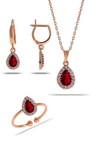 Lal Taşlı Damla Mini Rose Gümüş Set 2303