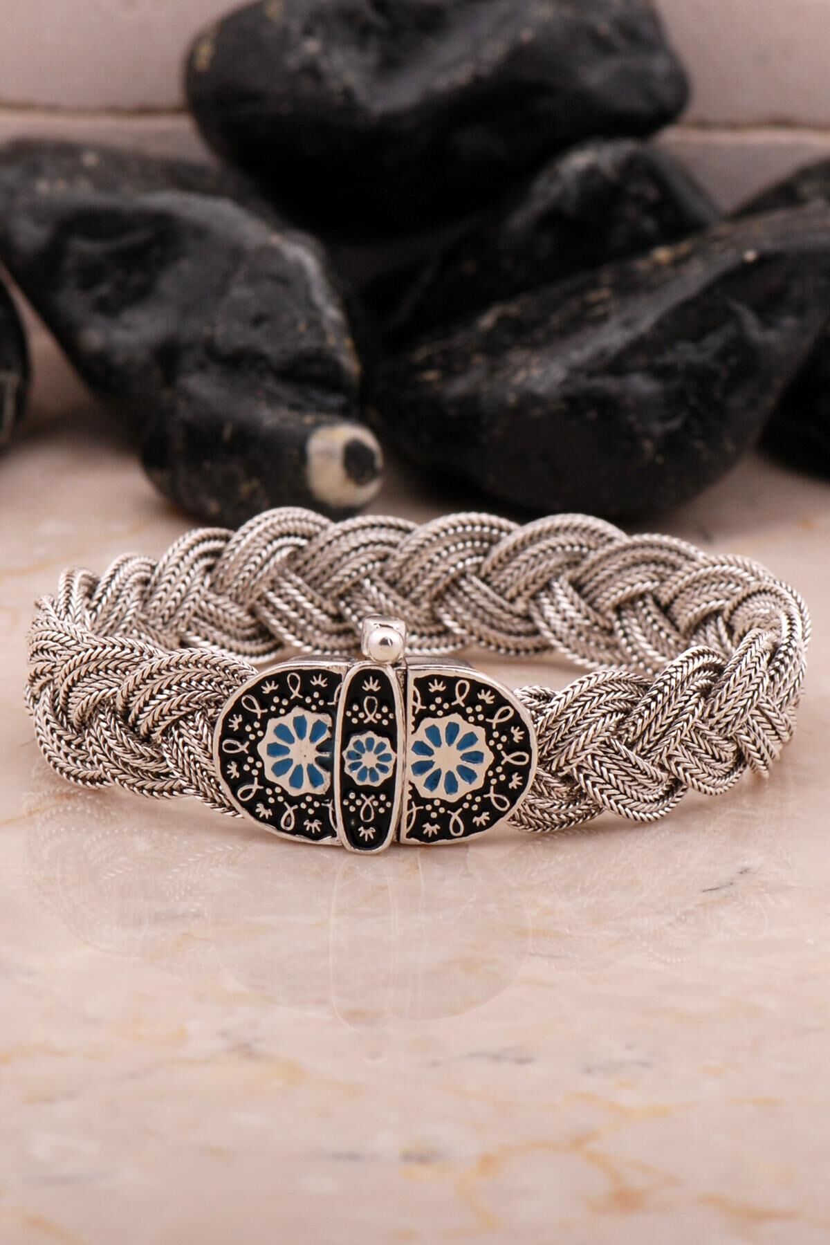 Midyat Hasır Örme Mineli Oksitli 925 Ayar Gümüş Bileklik 4544