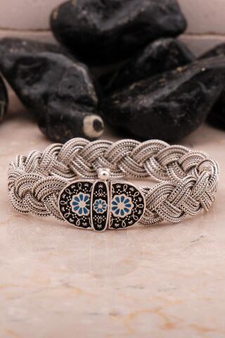 Midyat Hasır Örme Mineli Oksitli 925 Ayar Gümüş Bileklik 4544