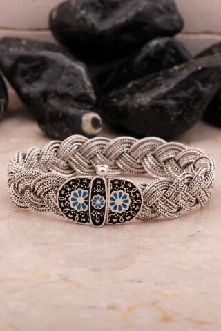 Midyat Hasır Örme Mineli Oksitli 925 Ayar Gümüş Bileklik 4544