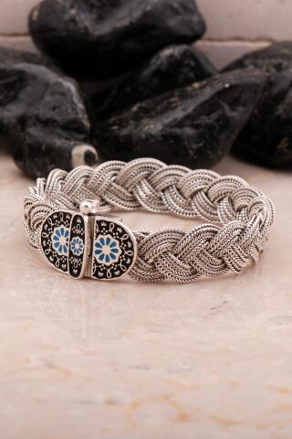 Midyat Hasır Örme Mineli Oksitli 925 Ayar Gümüş Bileklik 4544