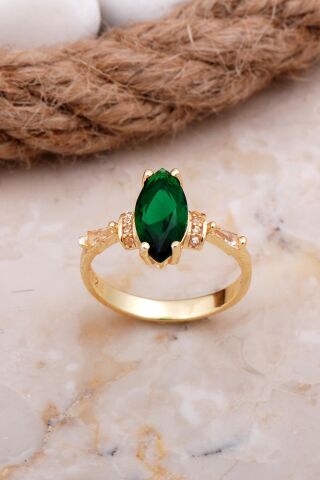 Yeşim Taşlı Mekik Altın Yaldızlı Gümüş Yüzük 3704