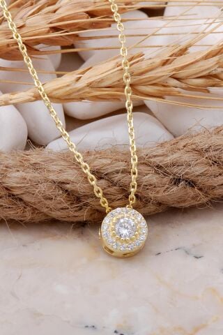 Elmas Montürlü Altın Yaldızlı Gümüş Kolye 7705