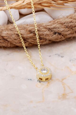 Elmas Montürlü Altın Yaldızlı Gümüş Kolye 7705