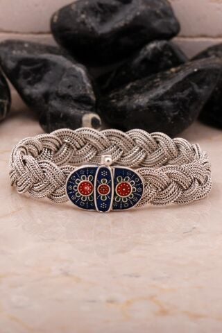 Mardin Güneşi Hasır Örme Mineli Oksitli 925 Ayar Gümüş Bileklik 4545