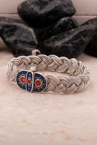 Mardin Güneşi Hasır Örme Mineli Oksitli 925 Ayar Gümüş Bileklik 4545