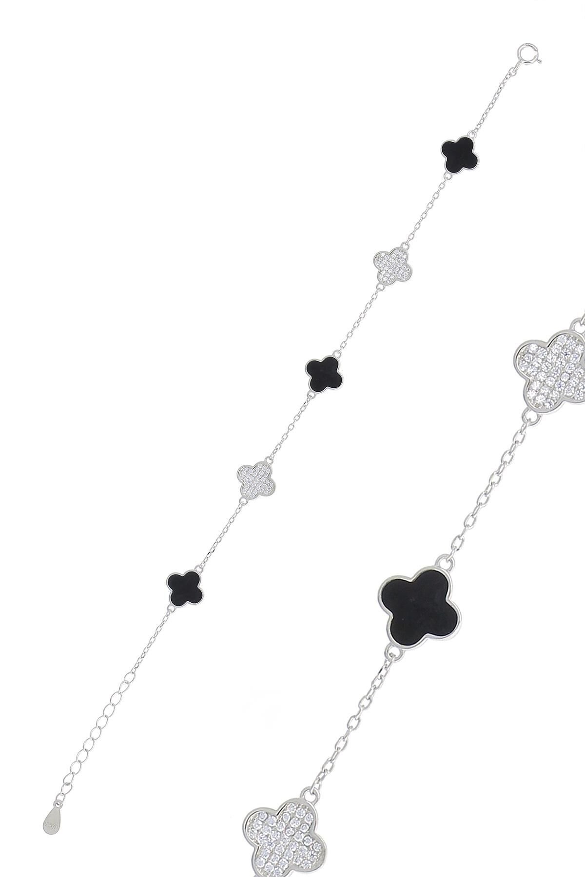 Yonca Siyah Mineli Taşlı Rodyumlu Gümüş Bileklik 3771