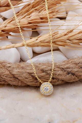 Elmas Montürlü 7 mm Altın Yaldızlı Gümüş Kolye 7706