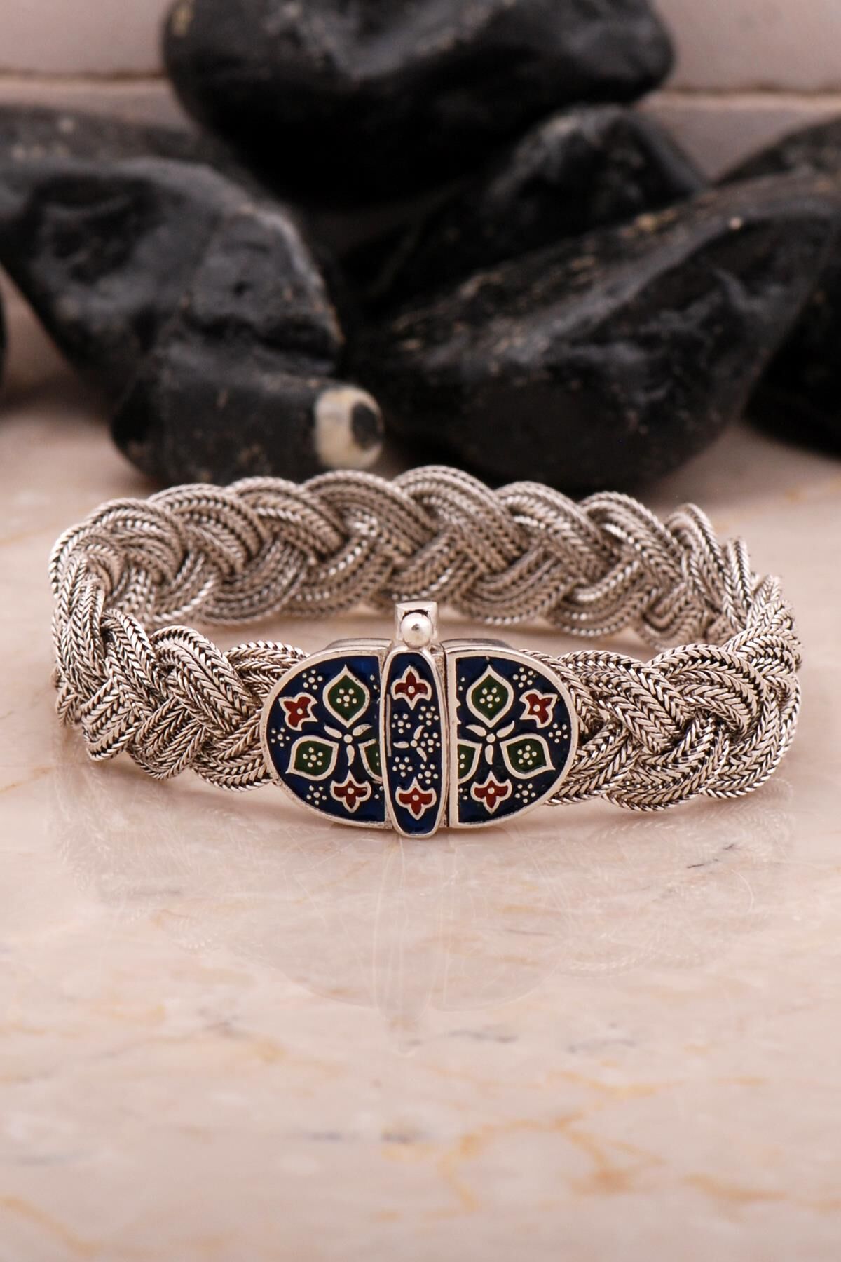 Midyat Hasır Örme Mineli Oksitli 925 Ayar Gümüş Bileklik 4546