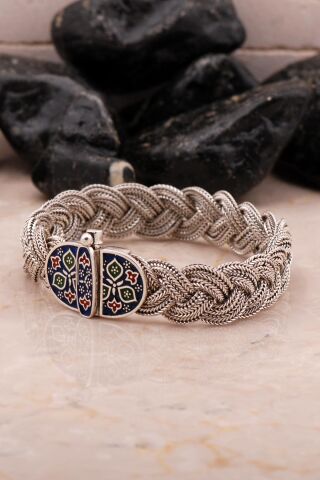 Midyat Hasır Örme Mineli Oksitli 925 Ayar Gümüş Bileklik 4546