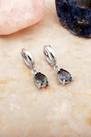 Mistik Topaz Taşlı Damla Rodyumlu Gümüş Küpe 7098