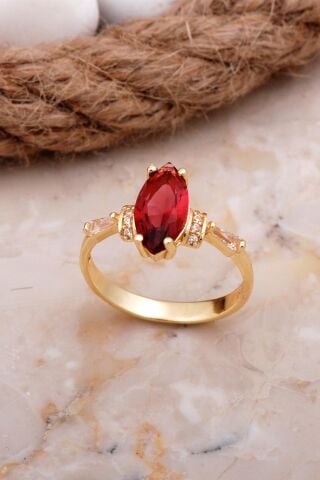 Yakut Taşlı Mekik Altın Yaldızlı Gümüş Yüzük 3705