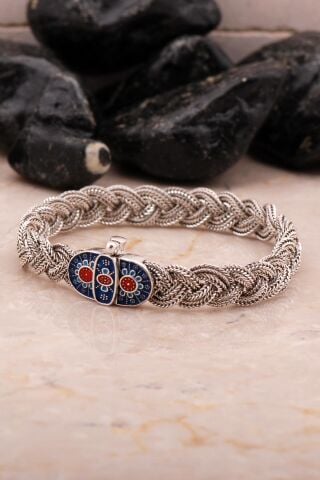 Mardin Güneşi Hasır Örme Mineli Oksitli 925 Ayar Gümüş Bileklik 4547