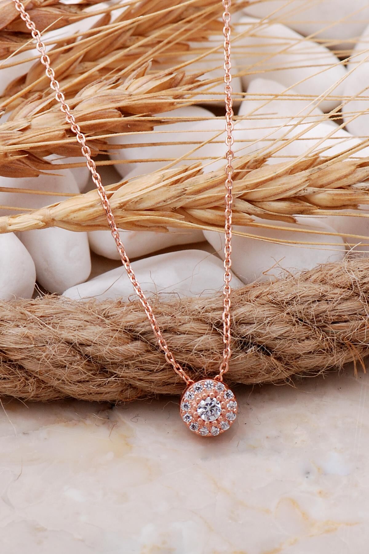 Elmas Montürlü 7 mm Rose Gümüş Kolye 7708