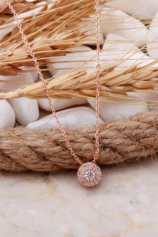 Elmas Montürlü 7 mm Rose Gümüş Kolye 7708