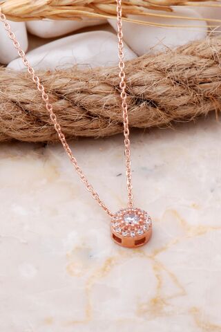 Elmas Montürlü 7 mm Rose Gümüş Kolye 7708