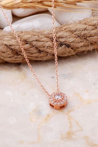 Elmas Montürlü 7 mm Rose Gümüş Kolye 7708