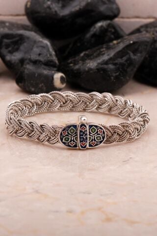 Midyat Hasır Örme Mineli Oksitli 925 Ayar Gümüş Bileklik 4548