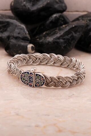 Midyat Hasır Örme Mineli Oksitli 925 Ayar Gümüş Bileklik 4548