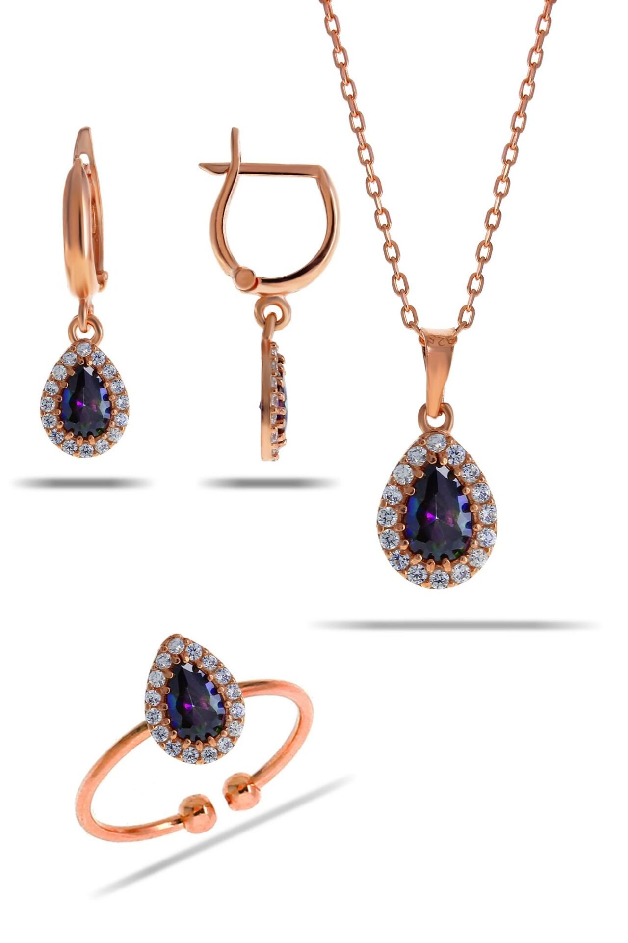 Mistik Topaz Taşlı Damla Mini Rose Gümüş Set 2305