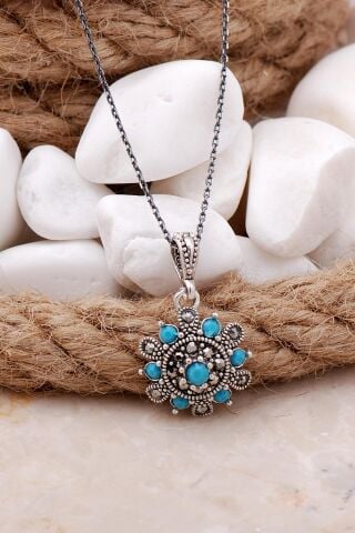 Turkuaz Taşlı Çiçekli Gümüş Kolye 7549